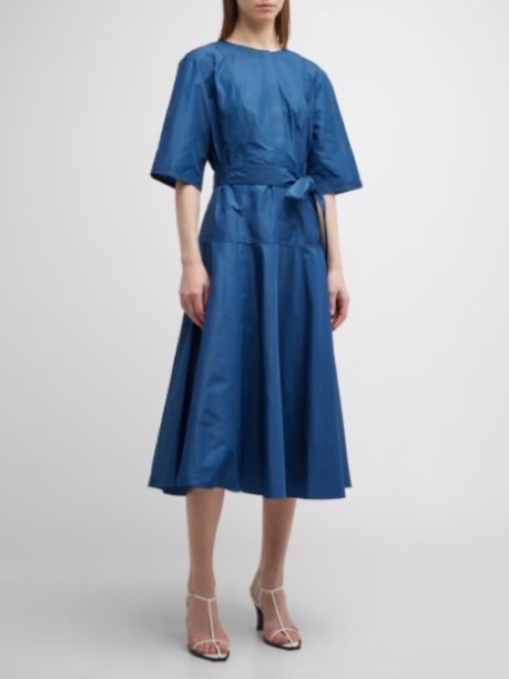 Lafayette 148 New York Blue Belted Elbow-Sleeve A-line Midi Dress